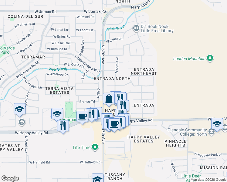 map of restaurants, bars, coffee shops, grocery stores, and more near 6606 West Saddlehorn Road in Phoenix