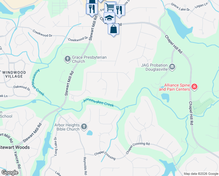 map of restaurants, bars, coffee shops, grocery stores, and more near 9915 Hamilton Drive in Douglasville