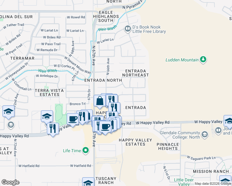 map of restaurants, bars, coffee shops, grocery stores, and more near 6508 West Saddlehorn Road in Phoenix