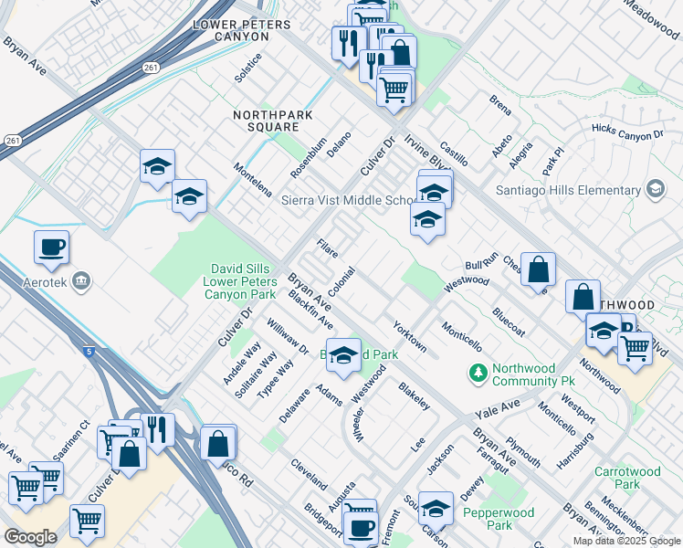 map of restaurants, bars, coffee shops, grocery stores, and more near 15 Colonial in Irvine