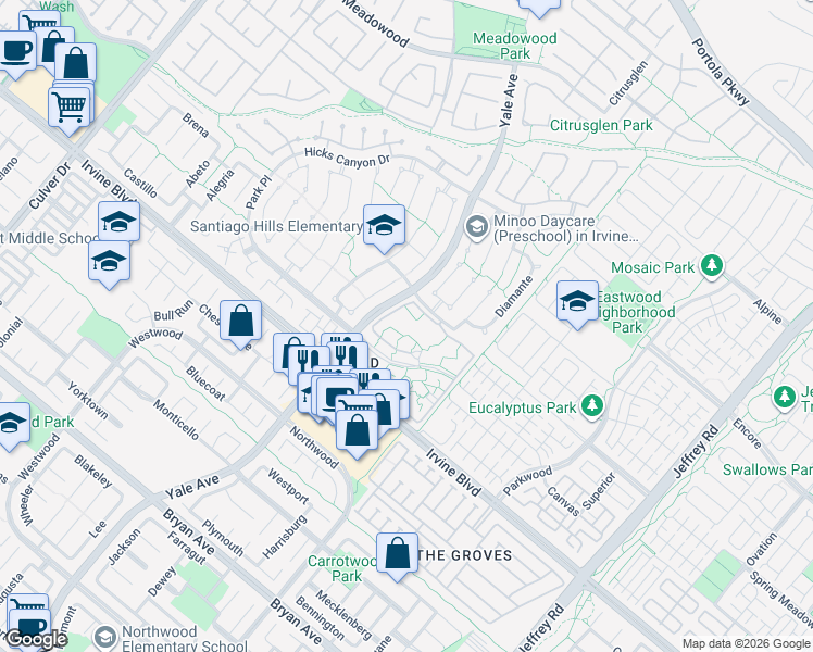 map of restaurants, bars, coffee shops, grocery stores, and more near 119 Lakepines in Irvine
