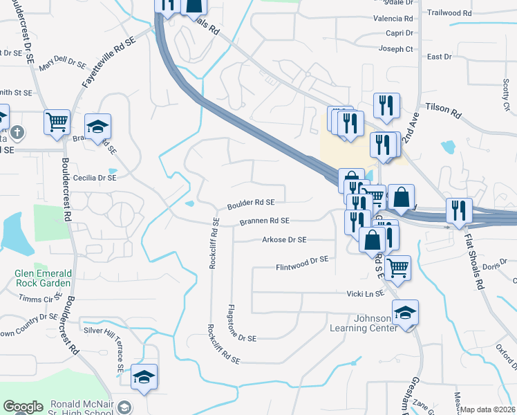 map of restaurants, bars, coffee shops, grocery stores, and more near 2349 Boulder Rd SE in Atlanta