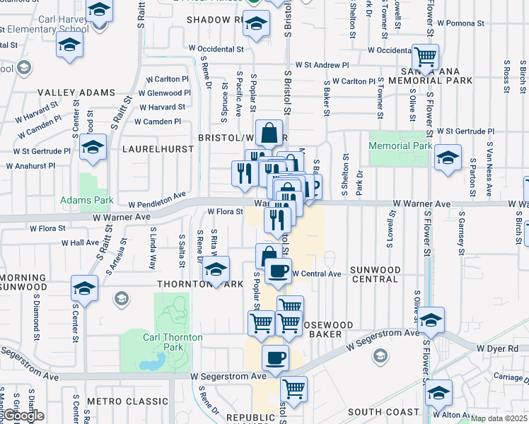 map of restaurants, bars, coffee shops, grocery stores, and more near 2401 South Poplar Street in Santa Ana