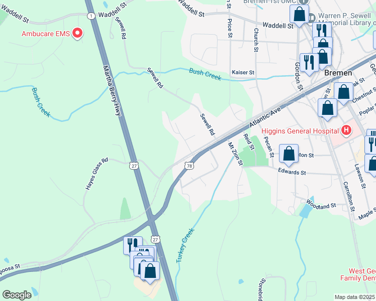 map of restaurants, bars, coffee shops, grocery stores, and more near 102 Ayers Street in Bremen