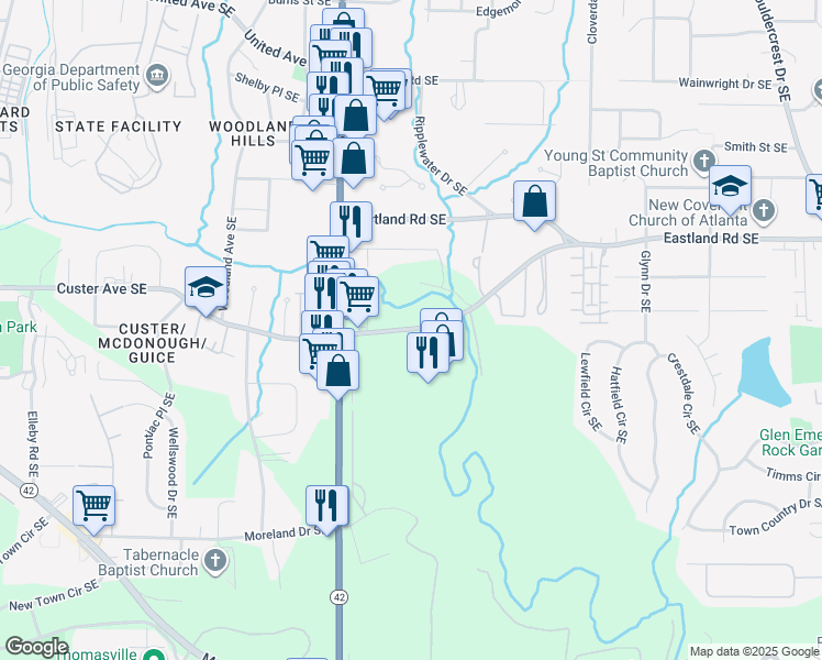 map of restaurants, bars, coffee shops, grocery stores, and more near 1355 Custer Avenue Southeast in Atlanta