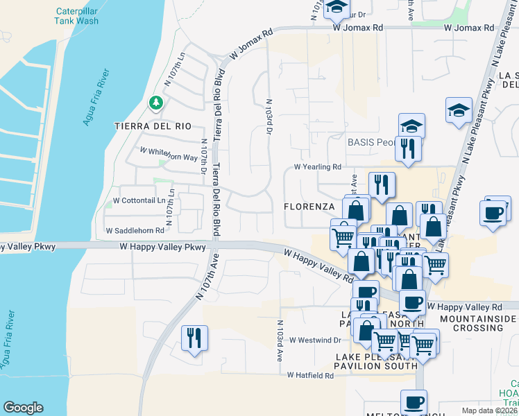map of restaurants, bars, coffee shops, grocery stores, and more near 10412 West Cottontail Lane in Peoria