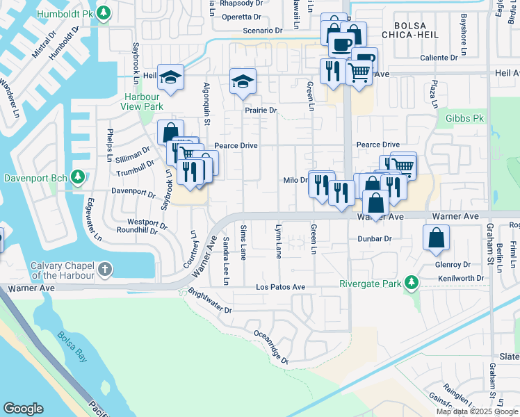 map of restaurants, bars, coffee shops, grocery stores, and more near 4691 Warner Avenue in Huntington Beach