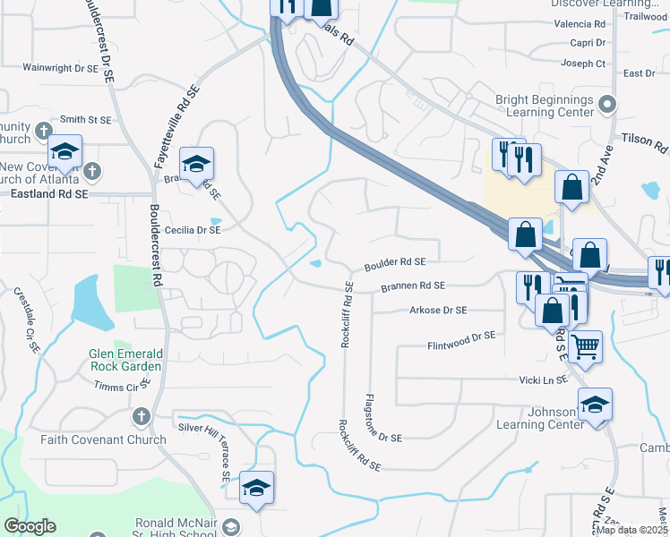 map of restaurants, bars, coffee shops, grocery stores, and more near 2477 Rockcliff Road Southeast in Atlanta