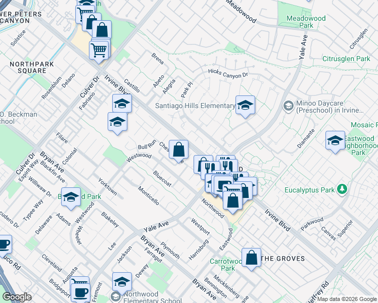 map of restaurants, bars, coffee shops, grocery stores, and more near 11 Charleston in Irvine