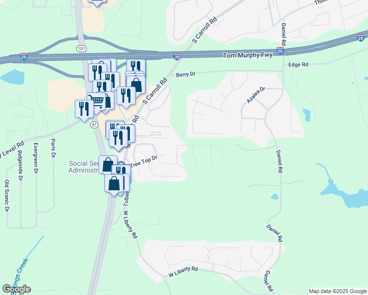 map of restaurants, bars, coffee shops, grocery stores, and more near 733 Great Oak Place in Villa Rica
