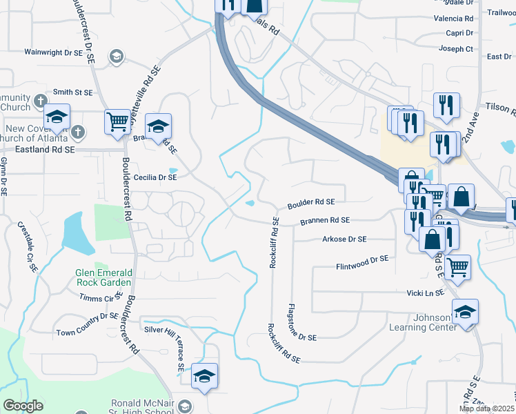 map of restaurants, bars, coffee shops, grocery stores, and more near 2465 Rockcliff Road Southeast in Atlanta