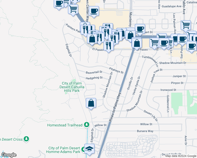 map of restaurants, bars, coffee shops, grocery stores, and more near 72705 Hedgehog Street in Palm Desert