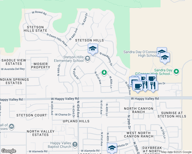 map of restaurants, bars, coffee shops, grocery stores, and more near 25228 North 41st Avenue in Phoenix