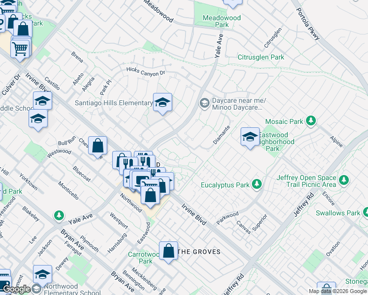 map of restaurants, bars, coffee shops, grocery stores, and more near 162 Pineview in Irvine
