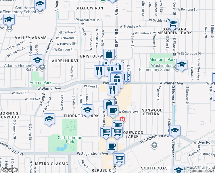 map of restaurants, bars, coffee shops, grocery stores, and more near 2401 South Poplar Street in Santa Ana