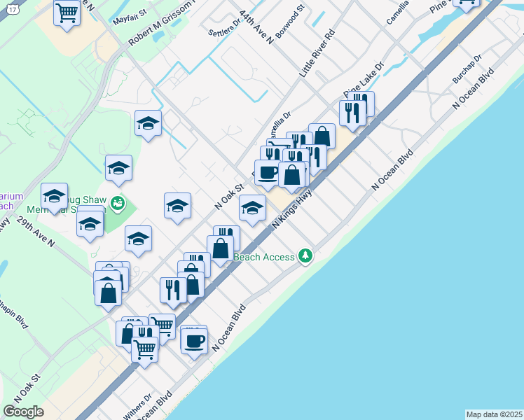 map of restaurants, bars, coffee shops, grocery stores, and more near 505 37th Avenue North in Myrtle Beach