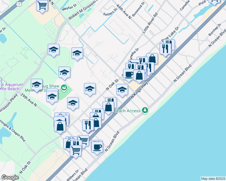map of restaurants, bars, coffee shops, grocery stores, and more near 514 36th Avenue North in Myrtle Beach