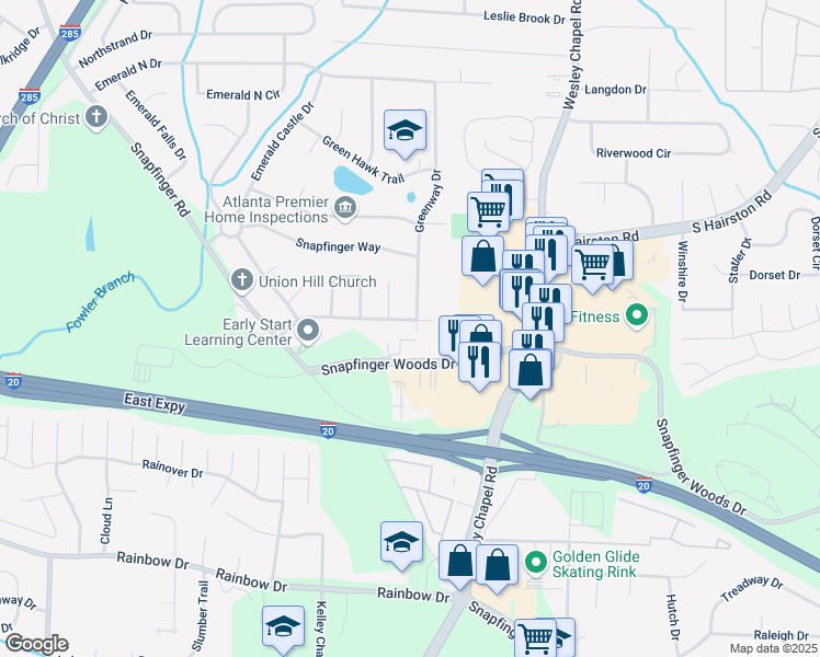 map of restaurants, bars, coffee shops, grocery stores, and more near 4137 Tiffany Drive in Decatur