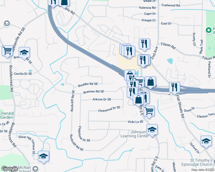 map of restaurants, bars, coffee shops, grocery stores, and more near 2419 Boulder Road Southeast in Atlanta