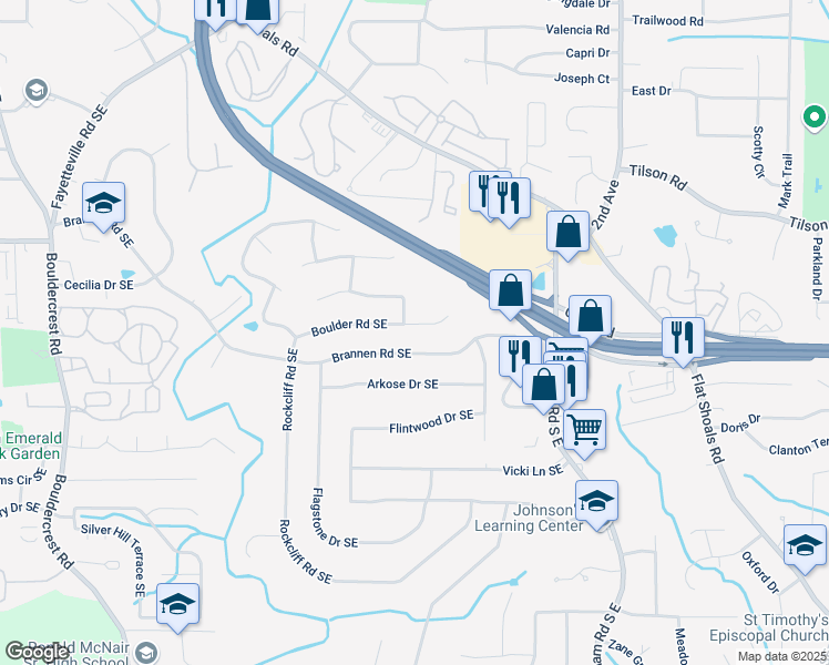 map of restaurants, bars, coffee shops, grocery stores, and more near 2407 Boulder Road Southeast in Atlanta
