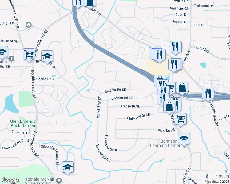 map of restaurants, bars, coffee shops, grocery stores, and more near 2335 Boulder Road Southeast in Atlanta