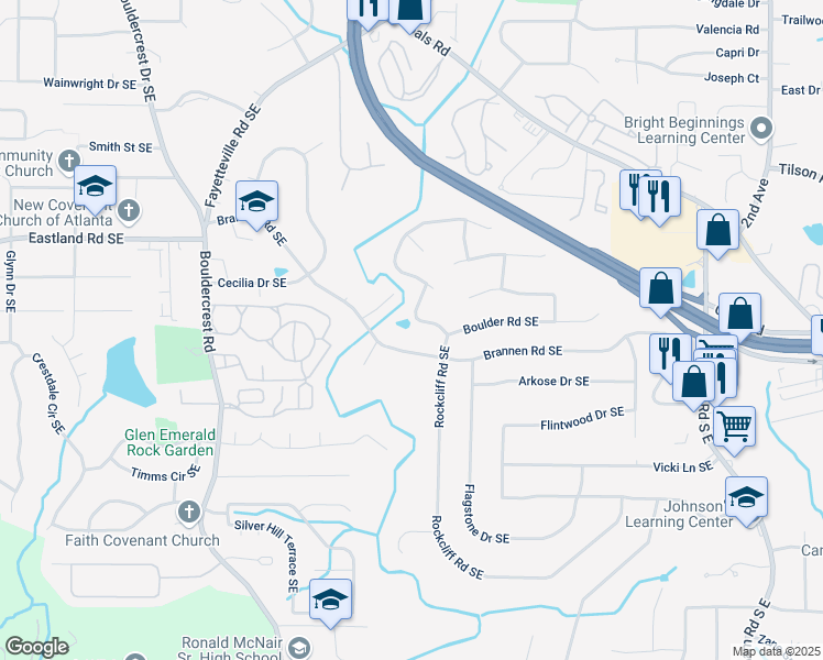 map of restaurants, bars, coffee shops, grocery stores, and more near 2465 Rockcliff Road Southeast in Atlanta