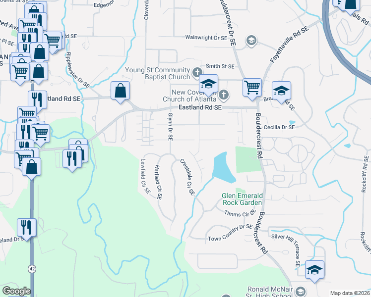 map of restaurants, bars, coffee shops, grocery stores, and more near 1436 Lakeview East Drive Southeast in Atlanta