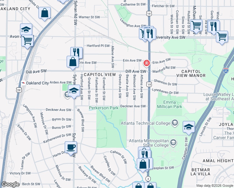 map of restaurants, bars, coffee shops, grocery stores, and more near 1433 Desoto Avenue Southwest in Atlanta