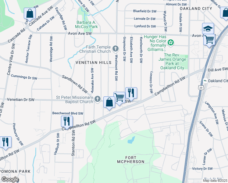 map of restaurants, bars, coffee shops, grocery stores, and more near 1441 Westmont Road Southwest in Atlanta
