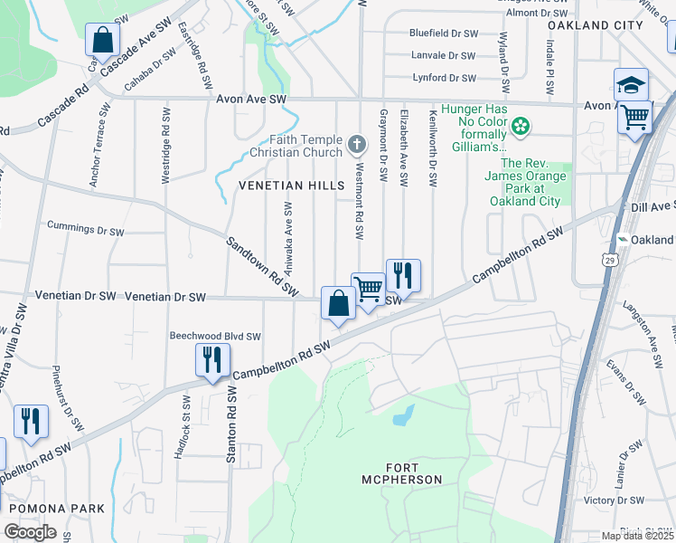 map of restaurants, bars, coffee shops, grocery stores, and more near 1441 Westmont Road Southwest in Atlanta