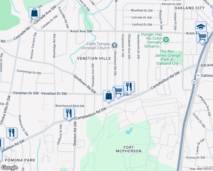 map of restaurants, bars, coffee shops, grocery stores, and more near 1460 Willow Trail Southwest in Atlanta