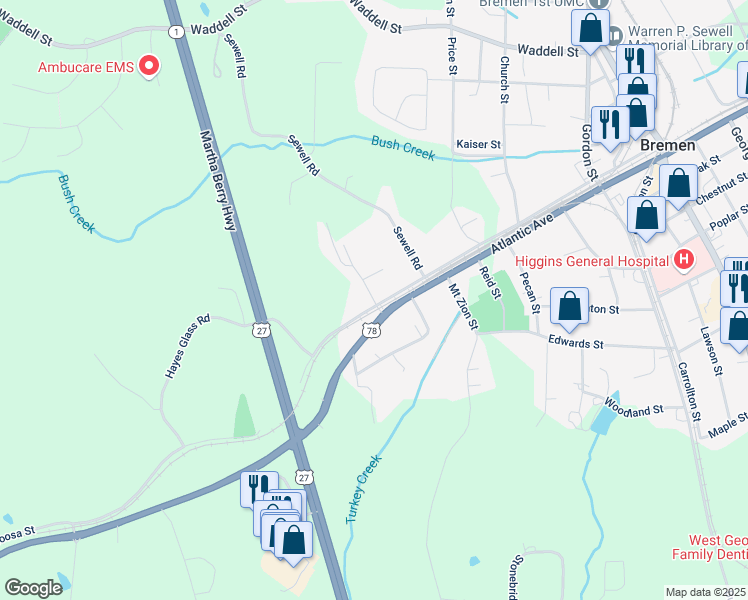 map of restaurants, bars, coffee shops, grocery stores, and more near 102 Ayers Street in Bremen