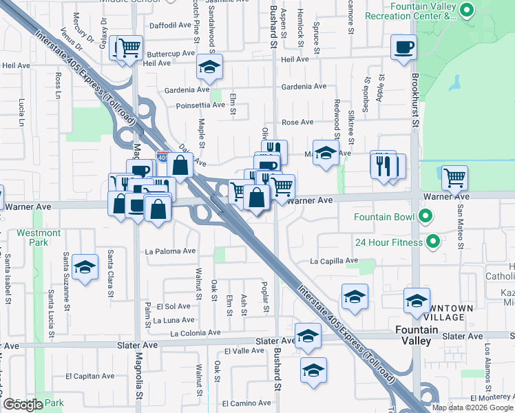map of restaurants, bars, coffee shops, grocery stores, and more near 9436 Warner Ave in Fountain Valley