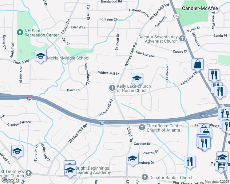 map of restaurants, bars, coffee shops, grocery stores, and more near Whites Mill Road in DeKalb County