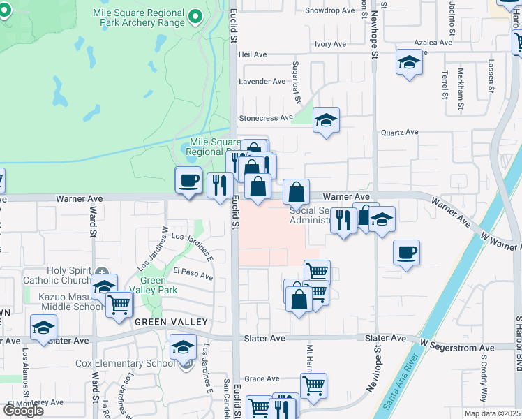 map of restaurants, bars, coffee shops, grocery stores, and more near in Fountain Valley