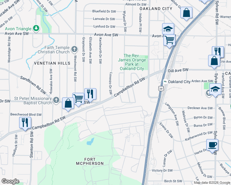 map of restaurants, bars, coffee shops, grocery stores, and more near 1339 Campbellton Road Southwest in Atlanta