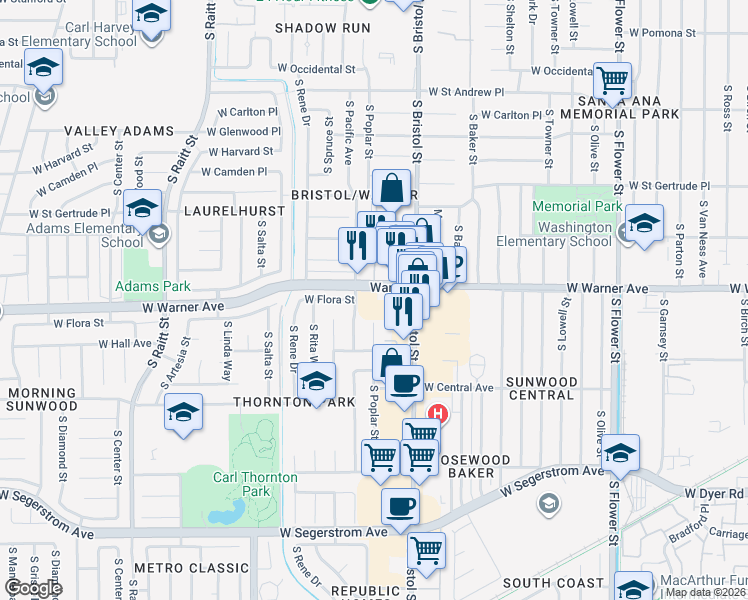 map of restaurants, bars, coffee shops, grocery stores, and more near 1400 West Warner Avenue in Santa Ana
