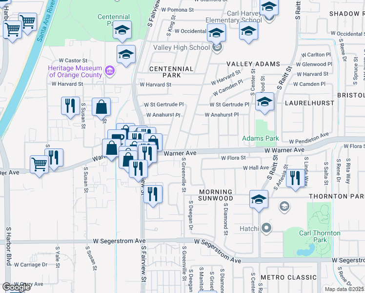 map of restaurants, bars, coffee shops, grocery stores, and more near 2322 South Greenville Street in Santa Ana