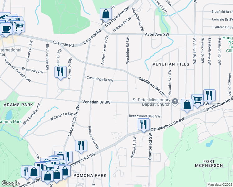 map of restaurants, bars, coffee shops, grocery stores, and more near 1858 Bayberry Drive Southwest in Atlanta