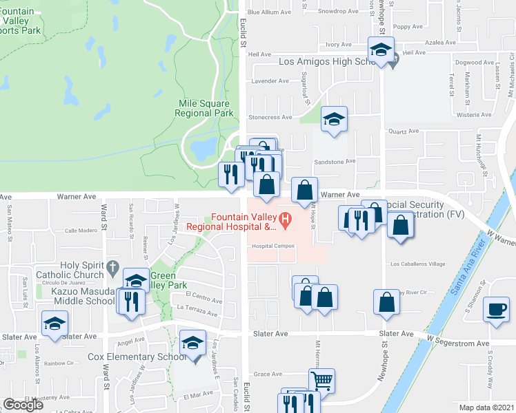 map of restaurants, bars, coffee shops, grocery stores, and more near in Fountain Valley