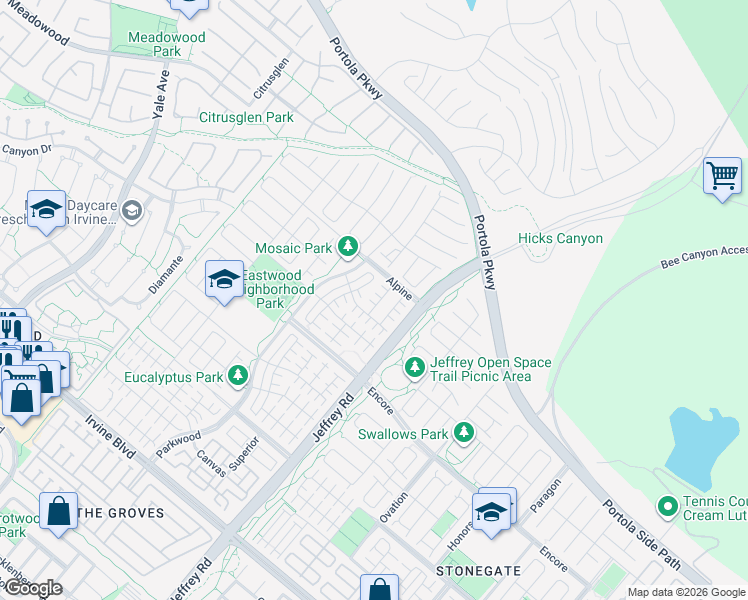 map of restaurants, bars, coffee shops, grocery stores, and more near 67 Runner in Irvine