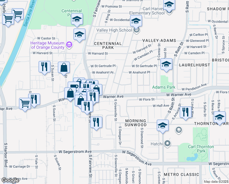 map of restaurants, bars, coffee shops, grocery stores, and more near 2322 South Greenville Street in Santa Ana