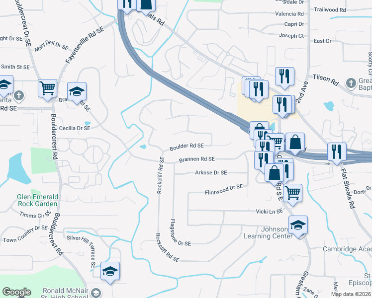 map of restaurants, bars, coffee shops, grocery stores, and more near 2349 Boulder Road Southeast in Atlanta