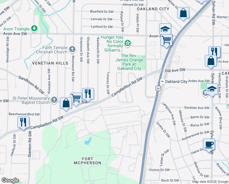 map of restaurants, bars, coffee shops, grocery stores, and more near 1339a Campbellton Road Southwest in Atlanta