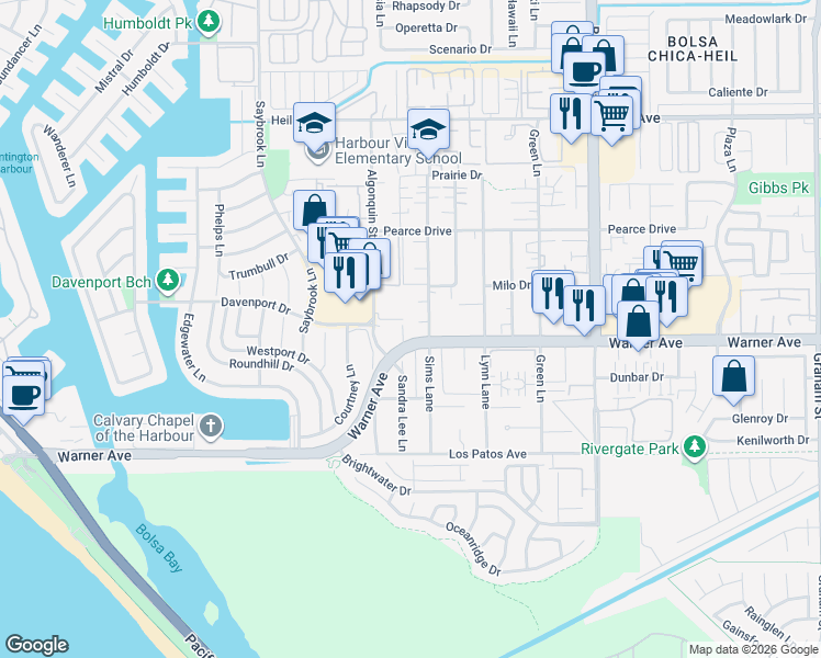 map of restaurants, bars, coffee shops, grocery stores, and more near in Huntington Beach