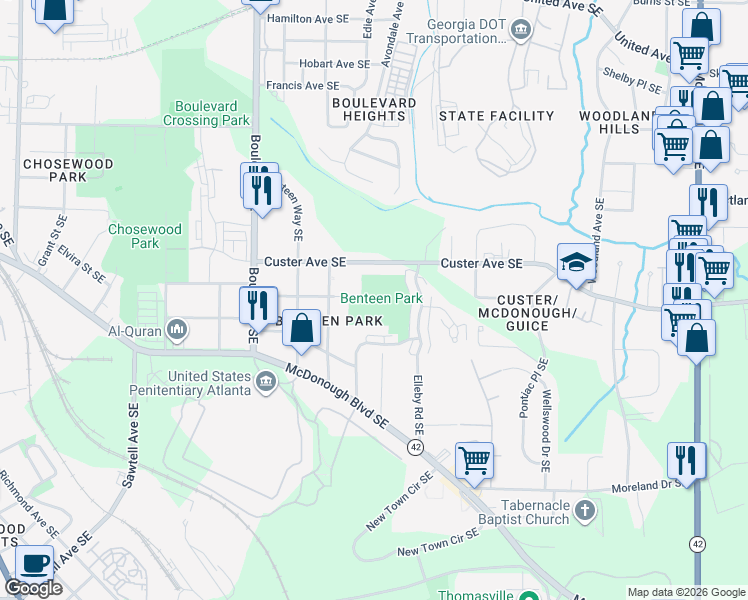 map of restaurants, bars, coffee shops, grocery stores, and more near 1410 Cassanova Street Southeast in Atlanta