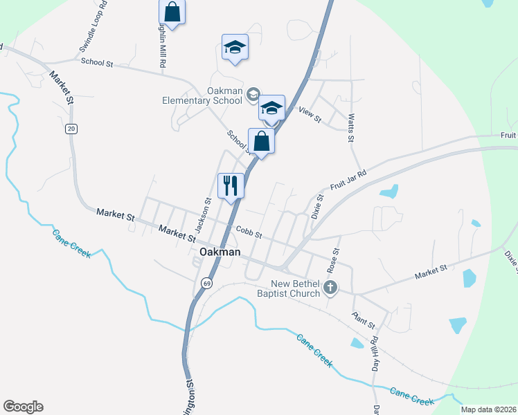 map of restaurants, bars, coffee shops, grocery stores, and more near 284 Wateroak Street in Oakman