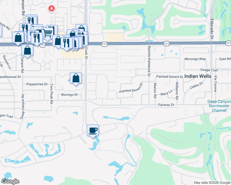map of restaurants, bars, coffee shops, grocery stores, and more near 75231 Painted Desert Drive in Indian Wells