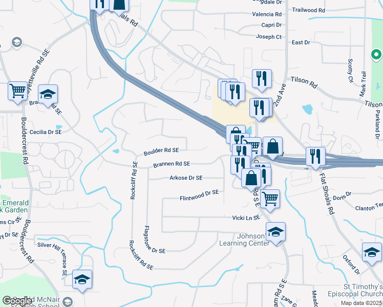 map of restaurants, bars, coffee shops, grocery stores, and more near 2407 Boulder Road Southeast in Atlanta
