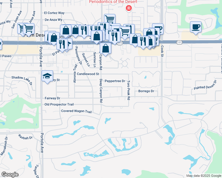map of restaurants, bars, coffee shops, grocery stores, and more near 74567 Yucca Tree Drive in Palm Desert